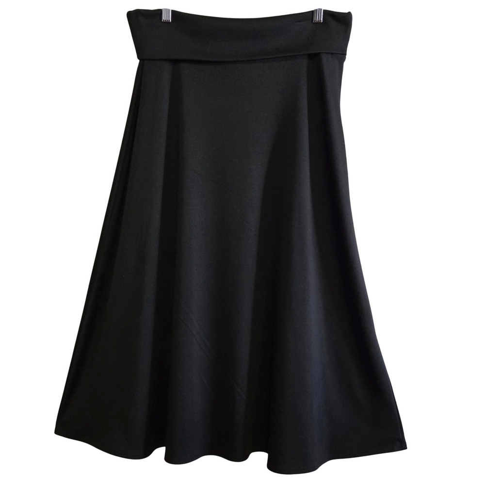 Sunny Leigh Classic Flowy Black Knit A-Line Midi Skirt Fold Over Waistband SM